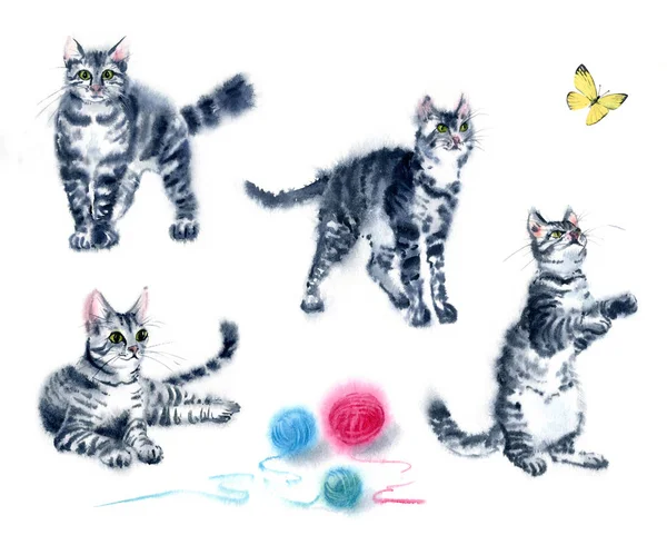 Aquarel Illustratie Hand Getekende Grappige Set Cute Speelse Katten Met — Stockfoto