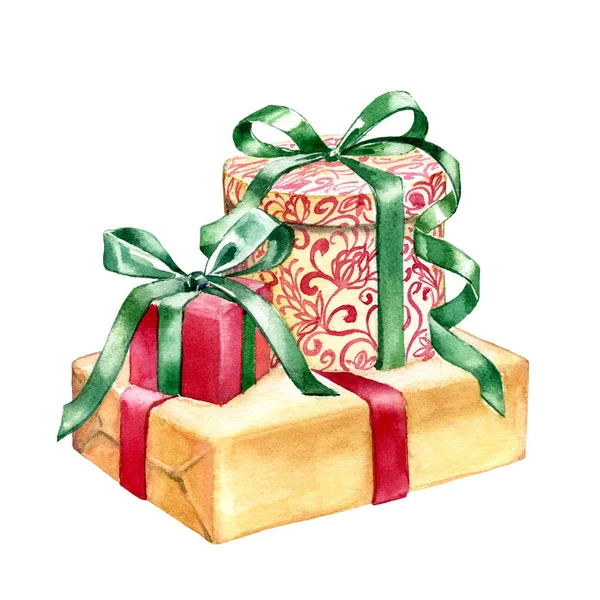 Watercolor Presents Box Bow Hand Painted Gift Winter Merry Christmas — Stock Photo, Image