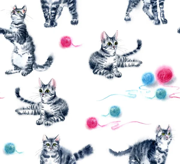 Watercolor seamless pattern hand drawn funny cute playful cats with stripes - cat playing with threads and balls collection - kids design - black, grey, white, pink, blue