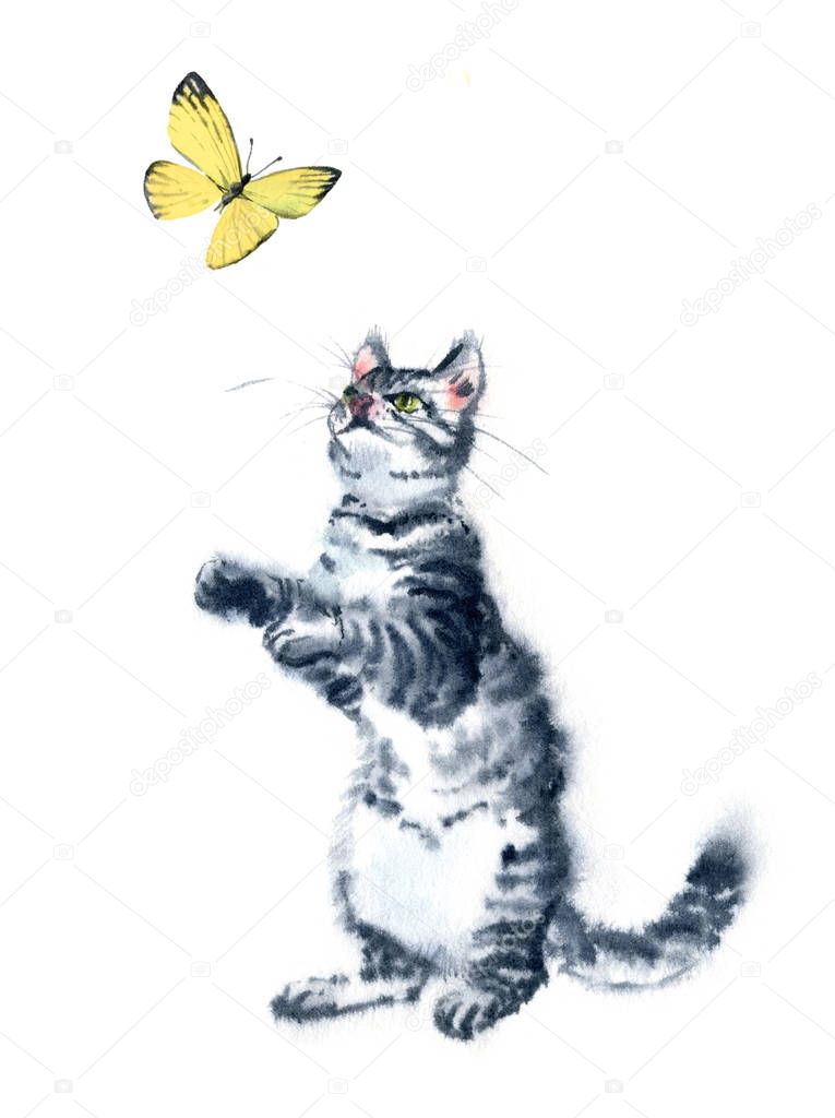 Watercolor illustration hand drawn funny cute playful cat with stripes and yellow butterfly - kitten aquarelle - black, grey, white
