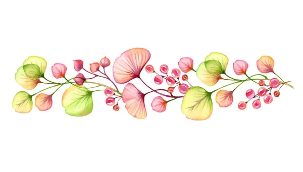 Aquarelle Arrangement floral transparent isolé sur la bordure blanche de baies, feuilles, branches en rose pastel, vert orange rouge corail illustration botanique éléments de conception de mariage — Photo