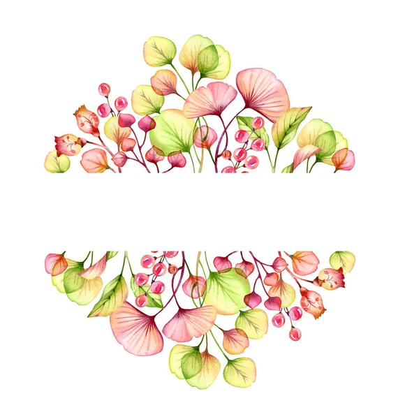 Acuarela Arreglo floral transparente aislado en marco de texto blanco de bayas, hojas, ramas en rosa pastel, verde naranja rojo coral botánico ilustración boda diseño banner —  Fotos de Stock