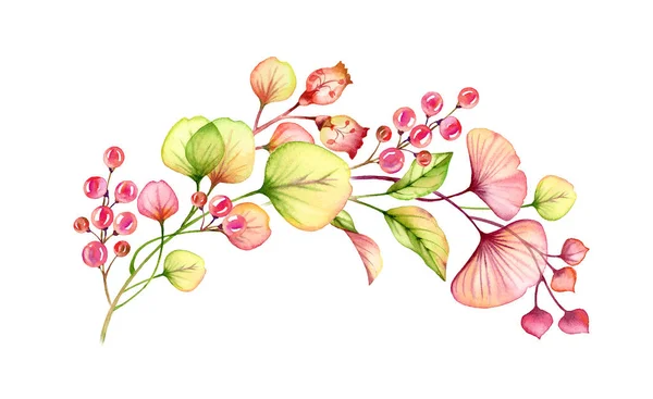 ベリーの葉、パステルピンクの枝、緑のオレンジ色の赤いサンゴの植物性イラストウェディングデザイン要素の塗装された水彩アーチ透明な花の配置手 — ストック写真