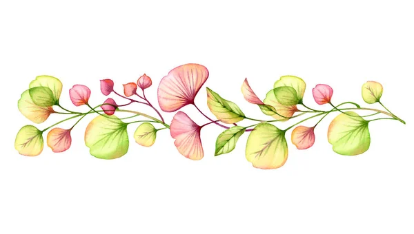 Aranjament floral transparent pictat manual acuarelă frontieră de fructe de pădure, frunze, ramuri în roz pastelat, verde portocaliu roșu coral ilustrare botanică elemente de design de nuntă — Fotografie, imagine de stoc