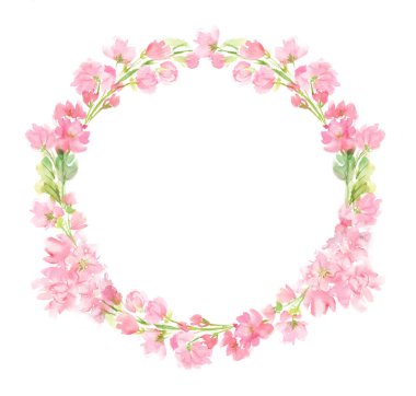 Pastel renkli çiçekler ve beyaz izole düğün kartı logo tasarımı tebrik için daire düzenleme boyalı el yaprakları ile Pembe soyut çiçek suluboya bütün yuvarlak çelenk 