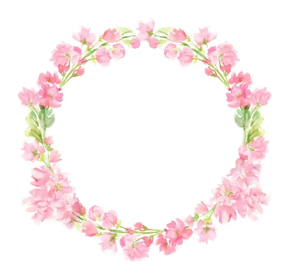 ピンクの抽象的な花の水彩全体の花輪パステルカラーの花と葉の手は、白に隔離された挨拶のウェディングカードのロゴデザインのために円の配置で描かれました — ストック写真