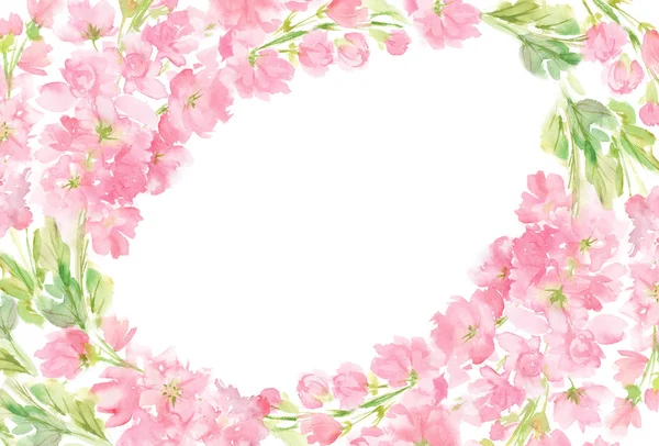 Pembe soyut çiçek suluboya oval yatay çerçeve çelenk düzenleme pastel renkli çiçekler ve metin tebrik düğün kartı logo tasarımı beyaz izole için daire içinde el boyalı arka plan bırakır 