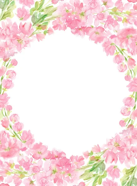 Acuarela floral abstracta rosa marco vertical redondo arreglo de la corona flores y hojas de color pastel fondo pintado a mano en círculo para saludo de texto tarjeta de boda logo diseño aislado en blanco —  Fotos de Stock