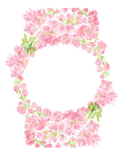 Рожевий абстрактний квітковий акварельний круглий каркасний вінок з пастельними кольоровими квітами і листям руки, пофарбованими в коло аранжування для привітання дизайну весільної листівки ізольовані на білому — стокове фото