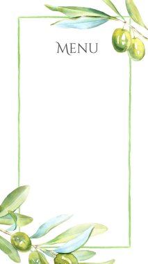 Suluboya yeşil zeytin menü şablongerçekçi botanik ağaç dalı beyaz el boyalı, restoran kafe kırtasiye için taze olgun kiraz illüstrasyon izole clipart yaprakları
