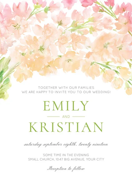 Wedding Invitation watercolor peach pink floral design blooming spring garden wreath arrangement pastel color flowers and leaves hand painted background isolated on white