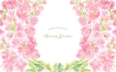 Pembe soyut çiçek suluboya yatay çerçeve çelenk aranjman pastel renk çiçekler ve yaprakları el boyalı arka plan daire metin tebrik düğün kart logo tasarım beyaz üzerinde izole 