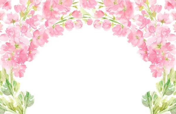 Pink abstract floral watercolor horizontal frame wreath arrangement pastel color flowers and leaves hand painted background in circle for text greeting wedding card logo design isolated on white — Stock Photo, Image