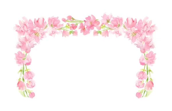 粉红色抽象花卉水彩矩形花环与柔和的颜色花和叶子手绘在方形角落安排为问候文字结婚卡标志设计隔离在白色 — 图库照片