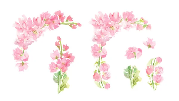 Абстрактний квітковий набір з пастельно-рожевими квітами та листям ручної роботи пофарбовані елементи дизайну в квадратну композицію для привітання весільної листівки з логотипом текстиль ізольований на білому — стокове фото