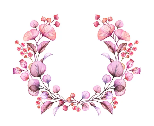 Акварель Прозорі квіти вінка ізольовані на білому квітковому круглому розташуванні ягід, листя, гілок пучка в пастельно-рожевому фіолетовому фіолетовому ботанічному ілюстрації логотип весілля елементи дизайну — стокове фото