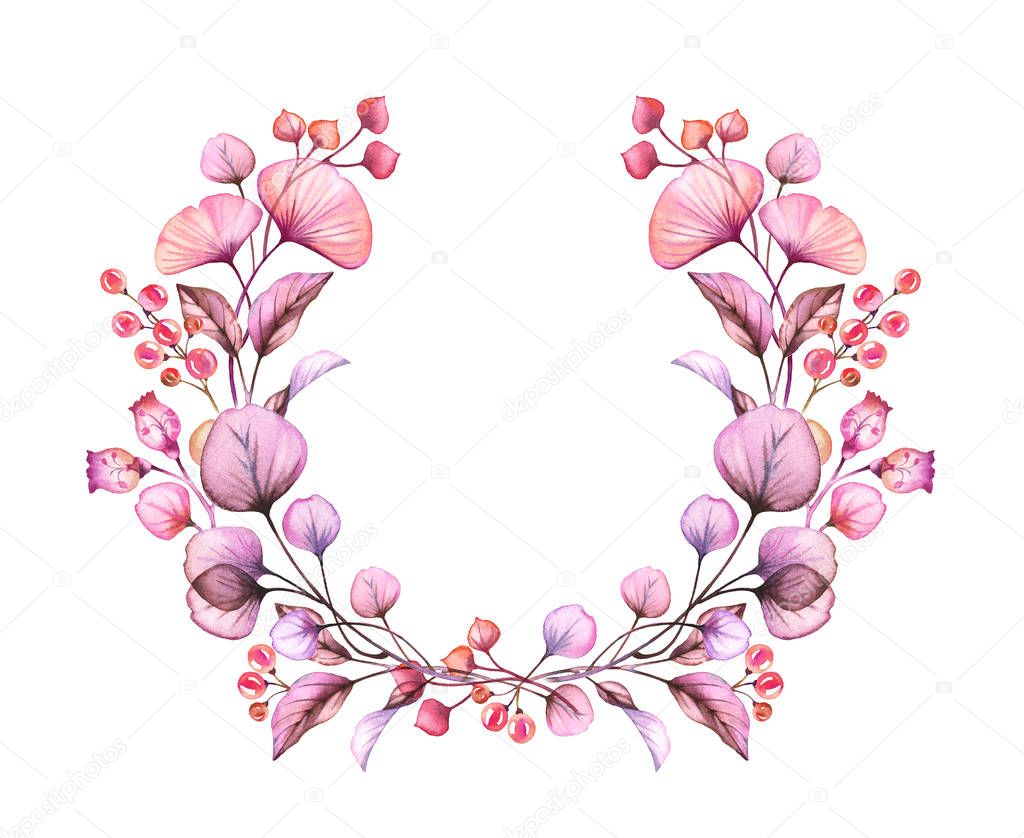 Watercolor Transparent flowers wreath isolated on white floral round arrangement of berries, leaves, branches bundle in pastel pink violet purple botanical illustration logo wedding design elements