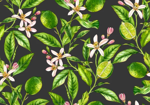 라임 분기 원활한 패턴 수채화 과일 나무 꽃 현실적인 식물 꽃 표면 디자인 : 전체 반 감귤류 잎 크림 베이지 색 배경 손에 섬유 벽지 그린 — 스톡 사진