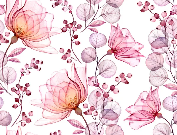 Trasparente rosa acquerello modello senza soluzione di continuità. Illustrazione floreale disegnata a mano con bacche rosa per il disegno di nozze, superficie, tessile, carta da parati — Foto Stock