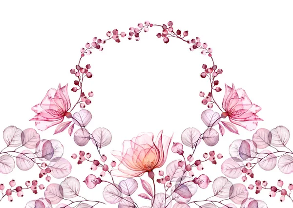 Couronne rose transparente. Illustration florale aquarelle. Arrangement isolé dessiné à la main avec de grandes fleurs et baies pour la conception de mariage, impression de carte de papeterie — Photo