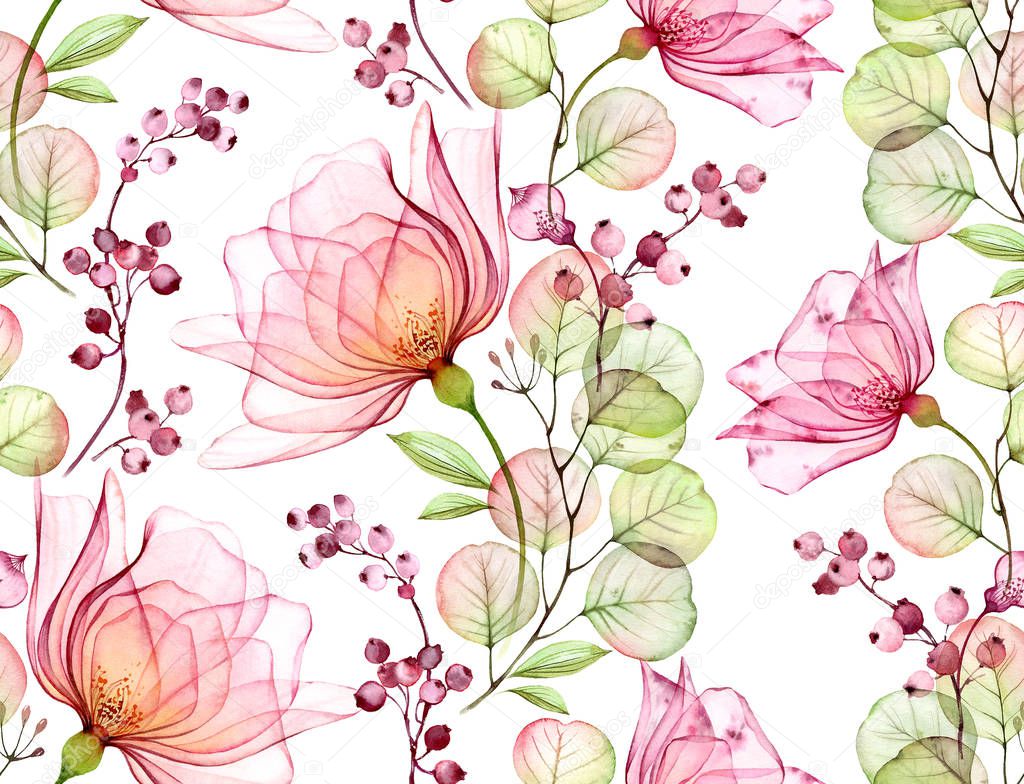 Transparent watercolor rose. Seamless floral pattern. Isolated hand drawn with big flowers, eucalyptus and berries for wallpaper design, textile, fabric