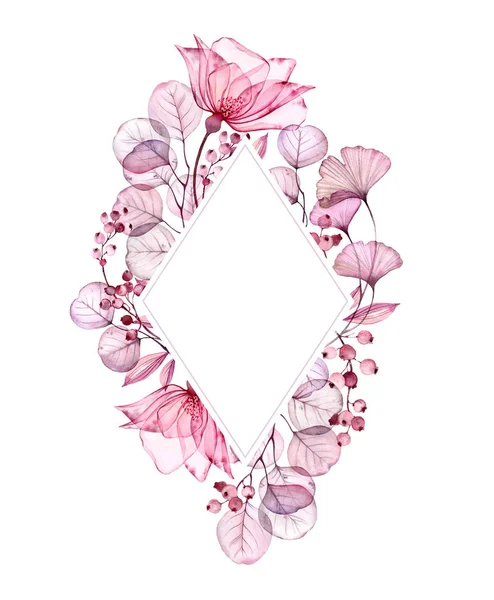 Aquarelle Cadre vertical floral transparent en losange de roses, feuilles, baies violettes et branches. Illustration vintage peinte à la main pour le texte et la conception de papeterie de mariage — Photo