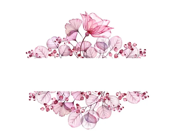 水彩透明花束布置玫瑰，叶子，紫色浆果和树枝。用于文本和婚礼文具设计的手工绘画复古框架 — 图库照片