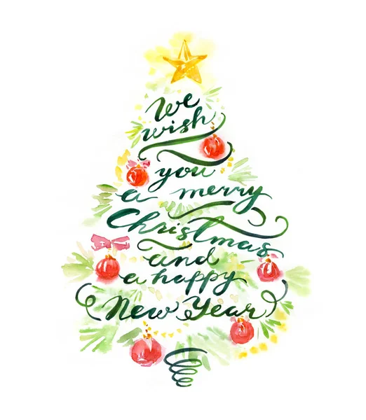 Feliz Natal banner feriado com pinheiro, brinquedos e caligrafia lettering. Aquarela pintada à mão fundo do cartaz de Ano Novo. Elementos de design para convite, panfleto, cartão de saudação . — Fotografia de Stock