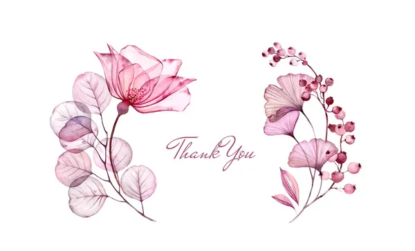 Akvarel průhledná růže s květinovým poděkováním. Purpurová eukalyptová větev, květiny a bobule izolované na bílém. Botanická ilustrace pro návrh šablony — Stock fotografie