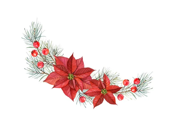 Aquarel Arch arrangement van kerst sterren. Handgeschilderde illustratie met Poinsettia bloemen, Pine Tree, rode bessen. Winter vakantie krans geïsoleerd op wit voor wenskaart en feestelijke decor — Stockfoto