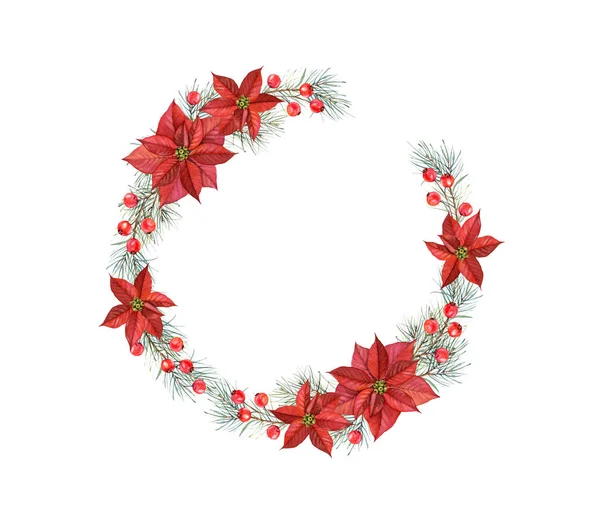 Noel suluboya çelengi. Çam ağacı, kırmızı çilek ve poinsettia ile el boyalı illüstrasyon. Tebrik kartı ve ambalaj kağıdı için beyaz ait kış tatili arka planı