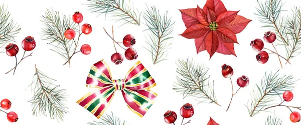 Christmas akvarell sömlösa mönster. Handmålad illustration med tallträd, röda bär, pilbågar och julstjärna. Vintersemester bakgrund isolerad på vitt för gratulationskort och omslagspapper — Stockfoto