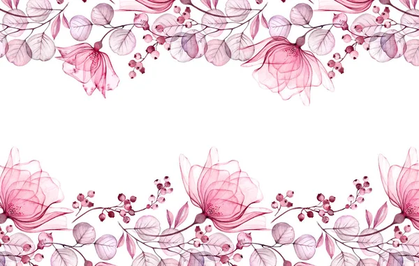 Rosa aquarela transparente. Moldura floral horizontal. Arranjo desenhado à mão isolado com flores grandes e bagas para design de casamento, impressão de cartão de papelaria — Fotografia de Stock