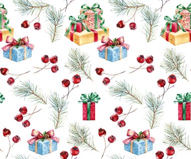 Noel suluboya dikişsiz desen. Çam ağacı, kırmızı çilek ve hediyeler ile el boyalı illüstrasyon. Tebrik kartı ve ambalaj kağıdı için beyaz yalıtılmış kış tatili posteri arka plan