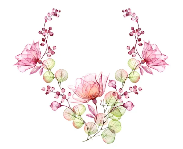 透明玫瑰花圈。水彩花卉插图。独立手工绘制安排与粉红色的花朵和浆果的婚礼设计，标志，文具卡打印 — 图库照片
