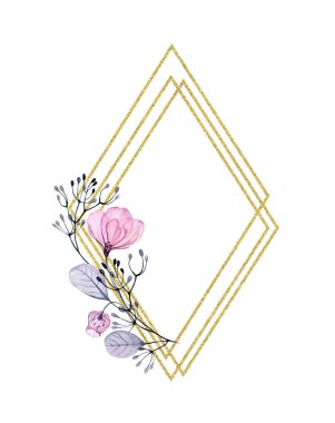 Altın parıltısıyla suluboya şeffaf gül çerçevesi. Çiçekler, yapraklar, mor böğürtlenler ve parlak folyoyla dikey düzenleme. Metin ve düğün kırtasiyesi için elle boyanmış çiçek illüstrasyonu