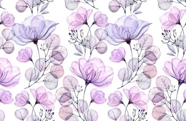 Şeffaf gül rengi, pürüzsüz desen. Düğün tasarımı, yüzey, tekstil, duvar kağıdı için bataklık mor çiçekleri ve tomurcukları ile el çizimi resimler.