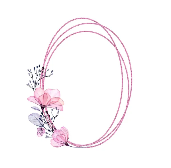 Akvarel Průhledný růžový svislý oválný rám s růžovým třpytem. Kulaté uspořádání s květinami, listy, bobulemi a větvemi a fólií. Ručně malované květinové ilustrace pro text a svatbu — Stock fotografie