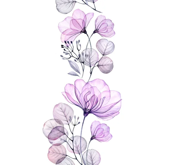 Aquarelle transparente rose. Bordure verticale sans couture. Arrangement isolé dessiné à la main avec de grandes fleurs violettes, eucalyptus et baies pour la conception de mariage, impression de carte de papeterie — Photo