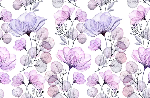 Trasparente rosa acquerello modello senza soluzione di continuità. Illustrazione floreale disegnata a mano con fiori viola palude e boccioli per la progettazione di nozze, superficie, tessile, carta da parati — Foto Stock