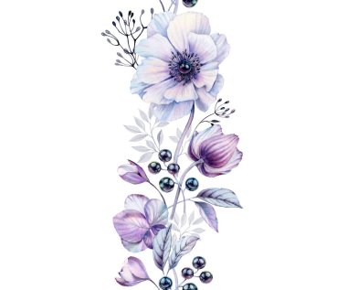 Siyah incilerden yapılmış böğürtlenli suluboya şakayıklar. Dikey elle boyanmış çiçeksiz kenar. Magenta buketi, düğün kırtasiyesi tasarımı, kart baskısı, pankartlar için beyaza izole edilmiş.