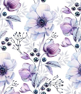 Suluboya şakayıklar kusursuz desenler. Siyah incilerden yapılmış böğürtlenlerle elle boyanmış çiçek deseni. Magenta buketleri, düğün kağıtları, kart baskısı, duvar kağıtları için beyaza izole edilmiş.