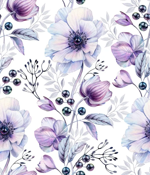 Watercolor anemones seamless pattern. Hand-painted floral surface design with berries made of black pearls. Magenta bouquets isolated on white for wedding stationery, card printing, wallpapers