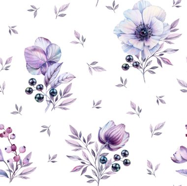 Suluboya beyaz şakayıklar kusursuz desenler. Küçük mor yapraklı elle boyanmış çiçek deseni. Magenta buketleri, düğün kağıtları, kart baskısı, duvar kağıtları için beyaza izole edilmiş.