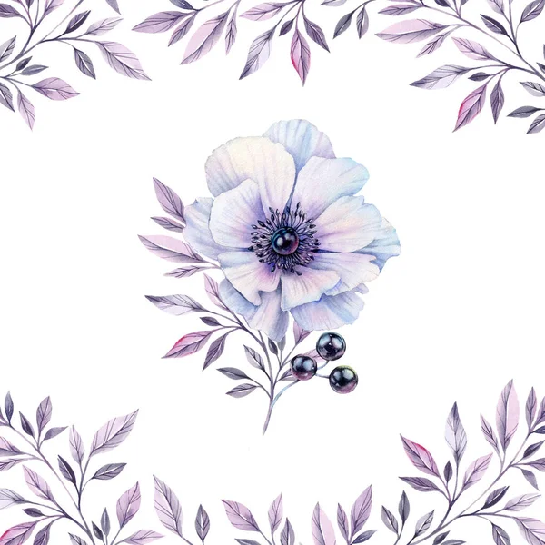 Watercolor white anemone flower with berries of black pearls. Hand-painted realistic botanical illustration. Purple bouquet in square floral frame for wedding stationery design, card printing, textile