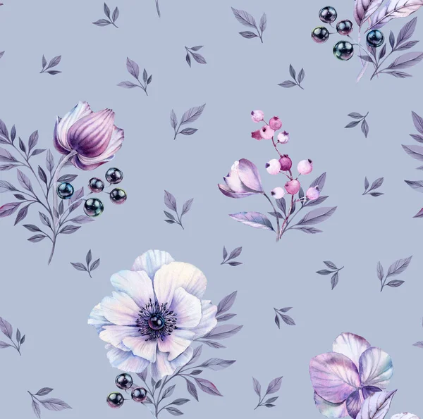 Anémones aquarelle motif sans couture. Surface florale peinte à la main avec bouquets et perles noires. Fleurs magenta sur fond bleu pour la papeterie de mariage, impression de carte, fonds d'écran — Photo