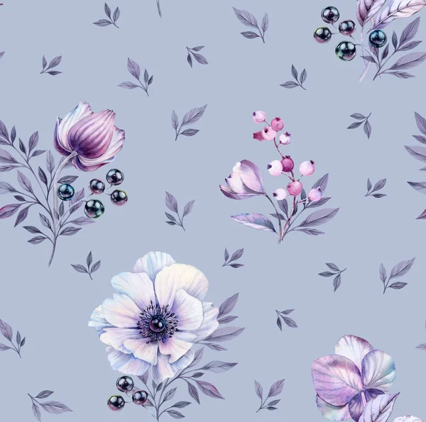 Watercolor anemones seamless pattern. Hand-painted floral surface design with bouquets and black pearls. Magenta flowers on blue background for wedding stationery, card printing, wallpapers