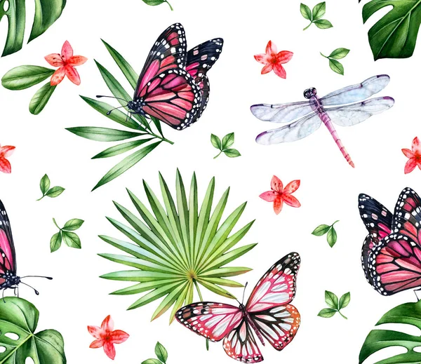 Watercolor floral seamless pattern. Pink monarch butterflies, dragonflies and palm leaves on white background. Tropical botanical hand drawn illustration for surface, textile, wallpaper design