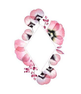 Çiçek desenli suluboya. Dikey rhomb şablonu. Şeffaf lale çiçekleri ve mesaj için yer. Logo ve düğün kırtasiyesi için el boyaması vintage çizimi