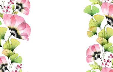 Çiçekli suluboya arka plan. Yatay kart şablonu ile metin için yer. Şeffaf lale çiçekleri. Düğün tasarımı, kırtasiye malzemeleri, kart baskısı için büyük gül çiçekleriyle izole edilmiş el yazısı.